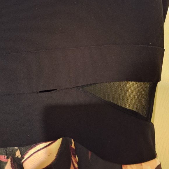 Navy Blue Tea Length Dress with Mesh Cut Outs and Floral Skirt - Picture 6 of 9